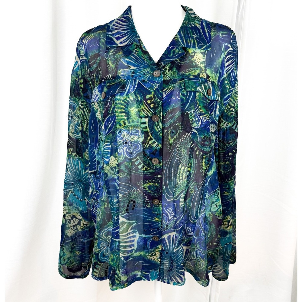Chico's Silk Blouse Size 3 XL Blue Green Floral Sequin Button Front Sheer